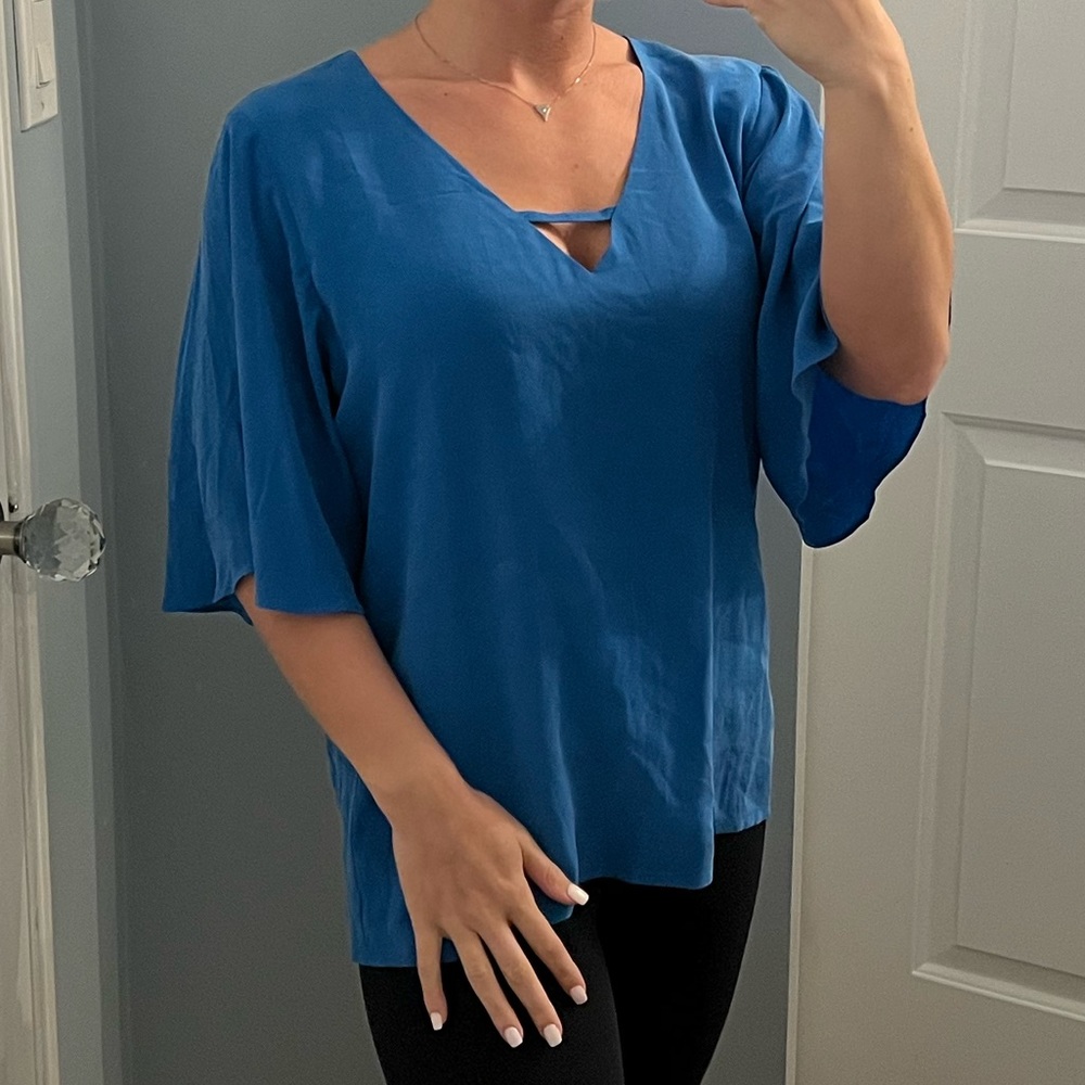 Ecru Royal Blue Short Sleeve Silk Blouse